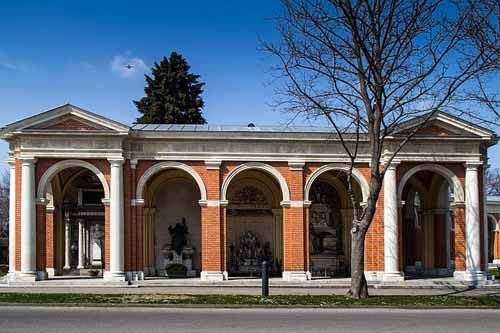 A cemetery mausoleum